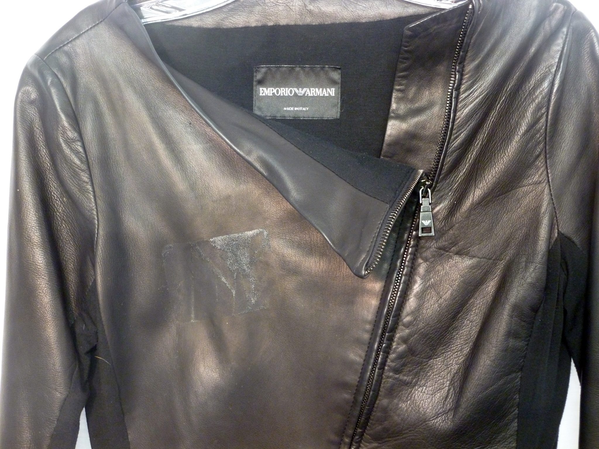 Armani Jacket with Sticker Damage - Ram Leather Care